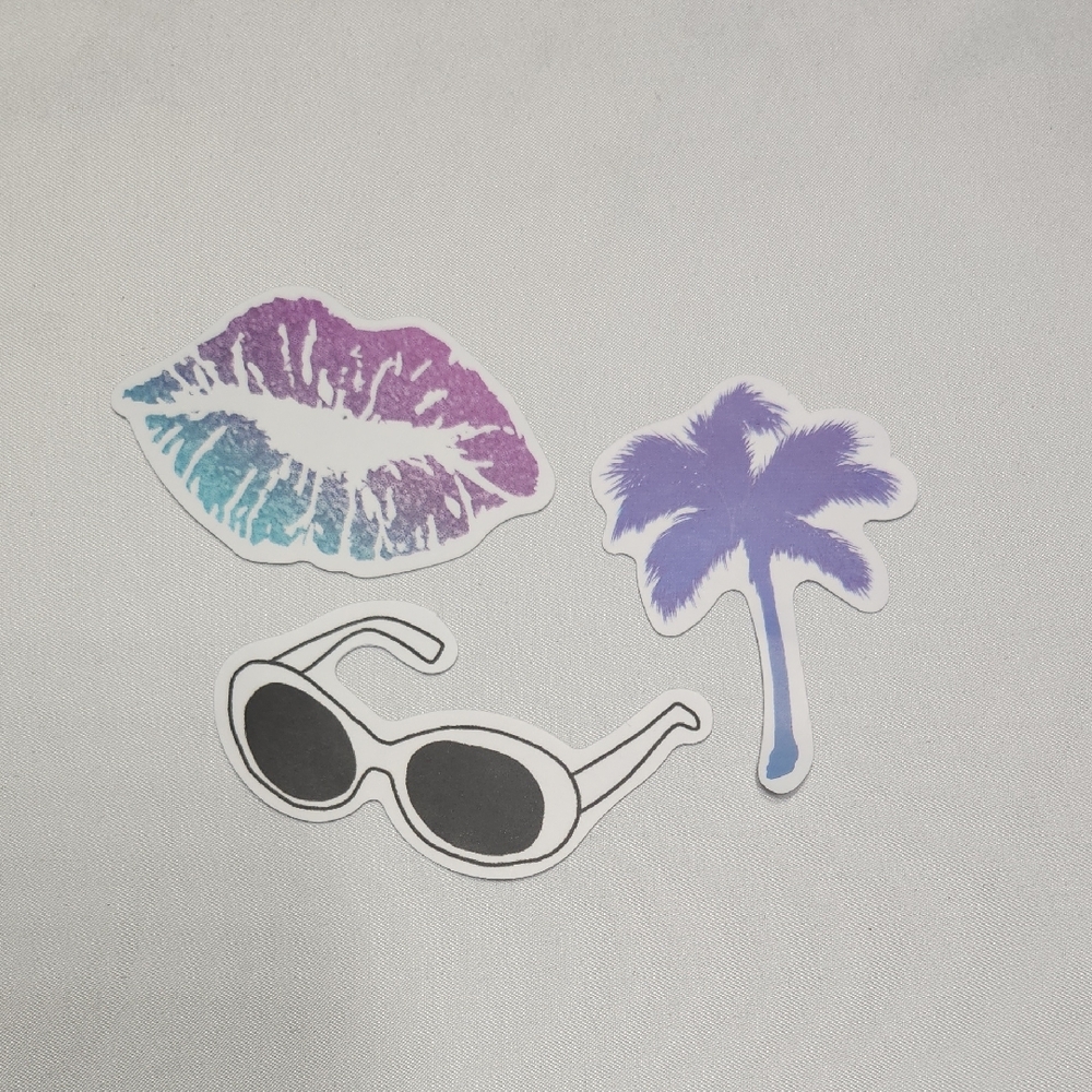 Set of 3 Vinyl Stickers – Lips, Sunglasses & Palm Tree